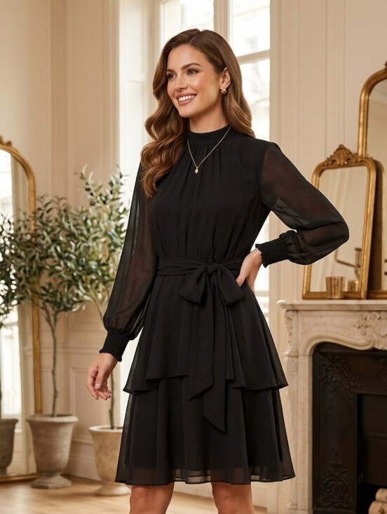 Alex Marie Dresses & Skirts - Womens Black Chiffon Tiered Mock Neck Split Sleeve Dress Rosalia By Alex Marie